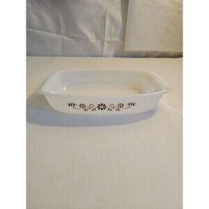 Vintage Dynaware Pyr-O-Rey Milk Glass Casserole Dish Brown Daisy Flower